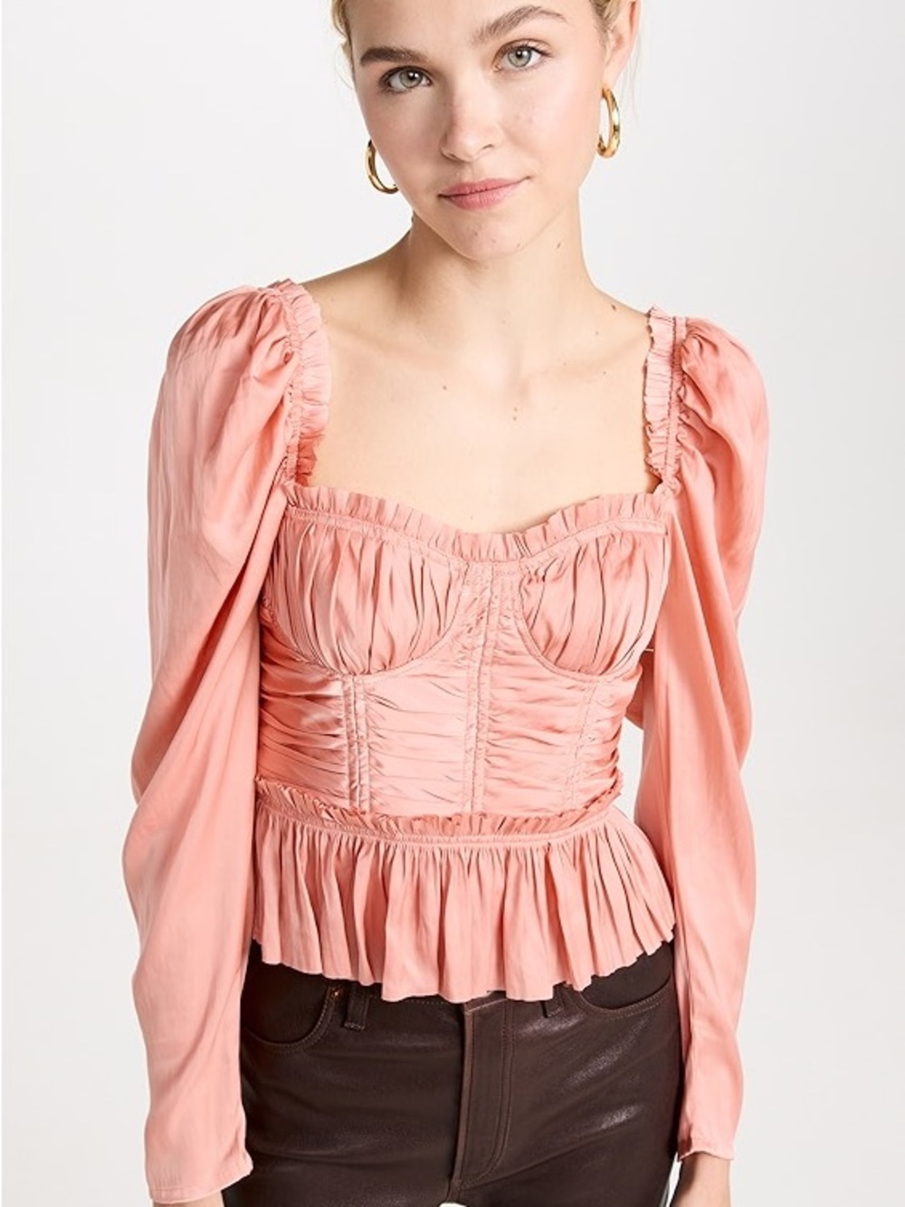 Ulla Johnson Coral Pink Ruched Satin Puff Sleeve Corset Peplum Blouse - US 8